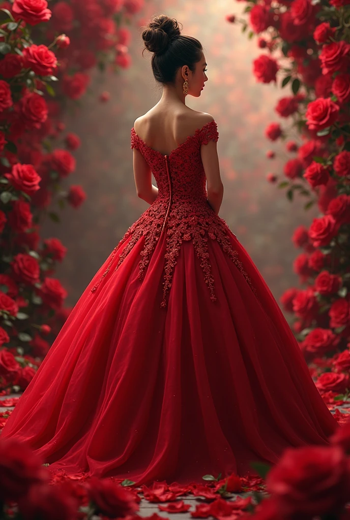 Quinceanera silhouette from behind, art style, With a red leafy dress with silver sparkles and glitter, black hair down to the middle of her back, loose with waves and a red bow, hands raising the dress, throwing rose petals