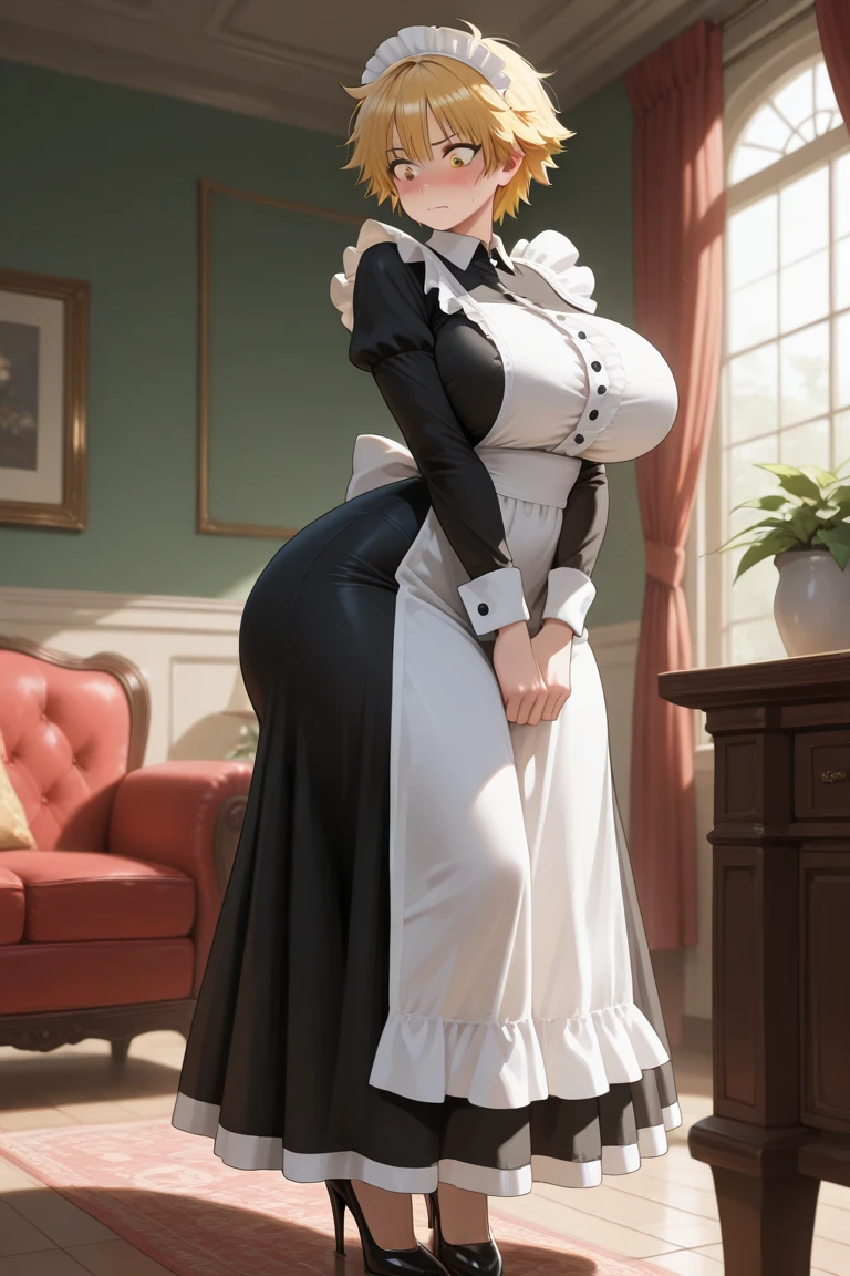 ((Masterpiece, Top Quality, High Resolution, 8k)), 1 beautiful woman, (Attractive woman), Shiny blonde, long hair, French updo, Smiling face, Blue eyes, Slanted eyes, Very long eyelashes, Maid's white headdress, (((Blue maid's dress with a large opening from the back to the buttocks))), thong, Image from head to knees, Angle from behind, Beautiful and shapely hips, Very large breasts, Beautiful proportions, Living room of a luxurious mansion, Highly detailed animated illustration,