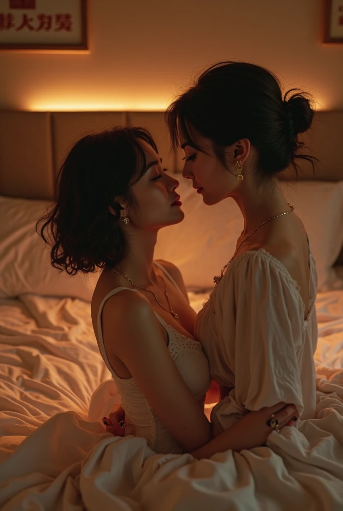 8K, masterpiece, one yellow hair and one purple hair, pushed down on bed, romanticism, lesbian kiss, lesbian hug, kiss each other, bride, kiss together, hug each other, kiss together perfectly, cutely, goddess, two beautiful women in love