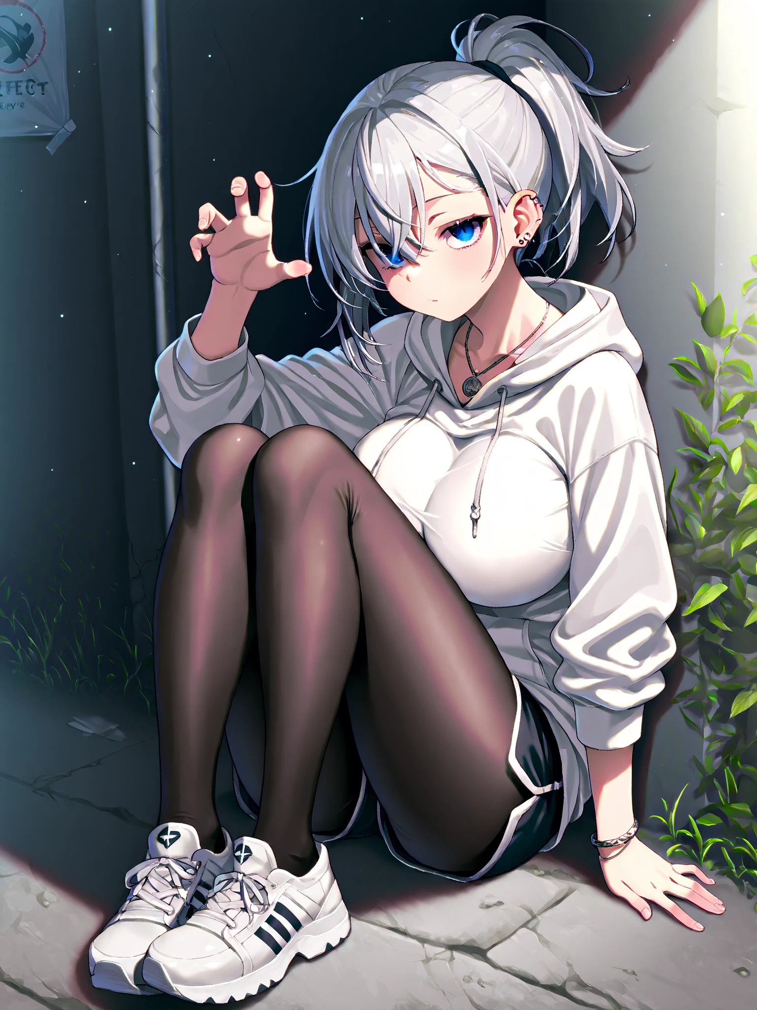 Cute Girls、Changing clothes、black tights、Short Bob、hoodie、Smoke a cigarette、Sitting on the ground 、Showing her panties、Attractive breasts、See-through underwear