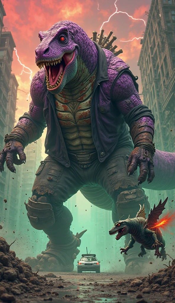 trandoshan alien running to a vechicle,sweater,jeans, lightining behind him,night,futuristic<lora:Trandoshan:0.8>