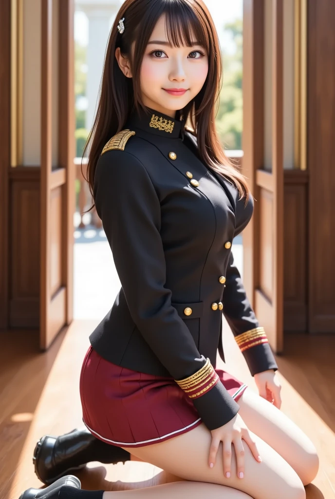 ((Realistic lighting, Masterpiece: 1.3)), (raw photo:1.2), Hyperrealist portrait Beautiful Chinese girl, 20 years old, ((pale skin: 1.6)), beautiful eyes, very detailed eyes and face, (full real formal crimson red military uniform), (crimson red pencil skirt), (military cap), ((high rank)), military cape, charming serious face, natural makeup: 1.2, (military standing pose), chignon hair style, Best quality, 8K, professional photography, (full body), street background