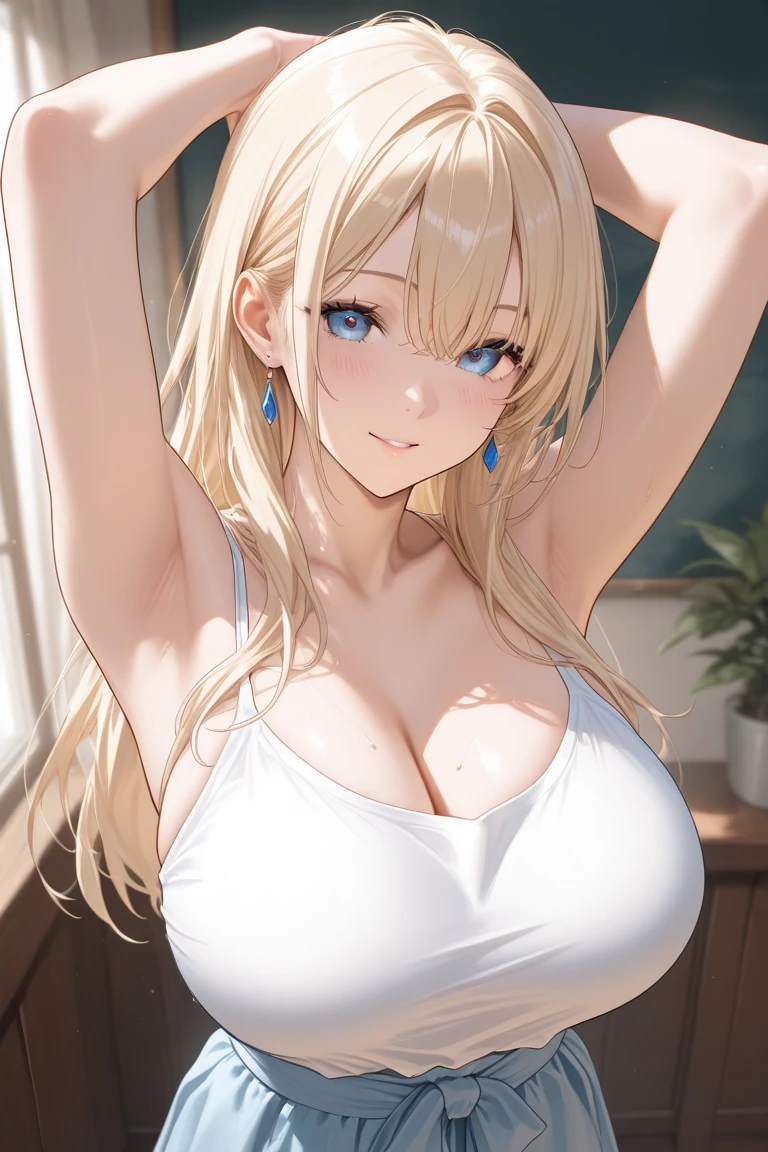 (large breasts:1.55),(shiny,hair),((solo)),((masterpiece)),((best quality)),perfect anatomy,slim waist,perfect image,8k UHD,(beautiful detailed eyes:1.5),extremely detailed face,standing,(upper body:1.25),(look at the front:1.5),arms behindback,ultra-detailed,absurdres,highres,roxy hart,(aqua eyes:1.1),blonde hair,smile,(luxury indoor room),lingerie,(deep cleavage:1.1),