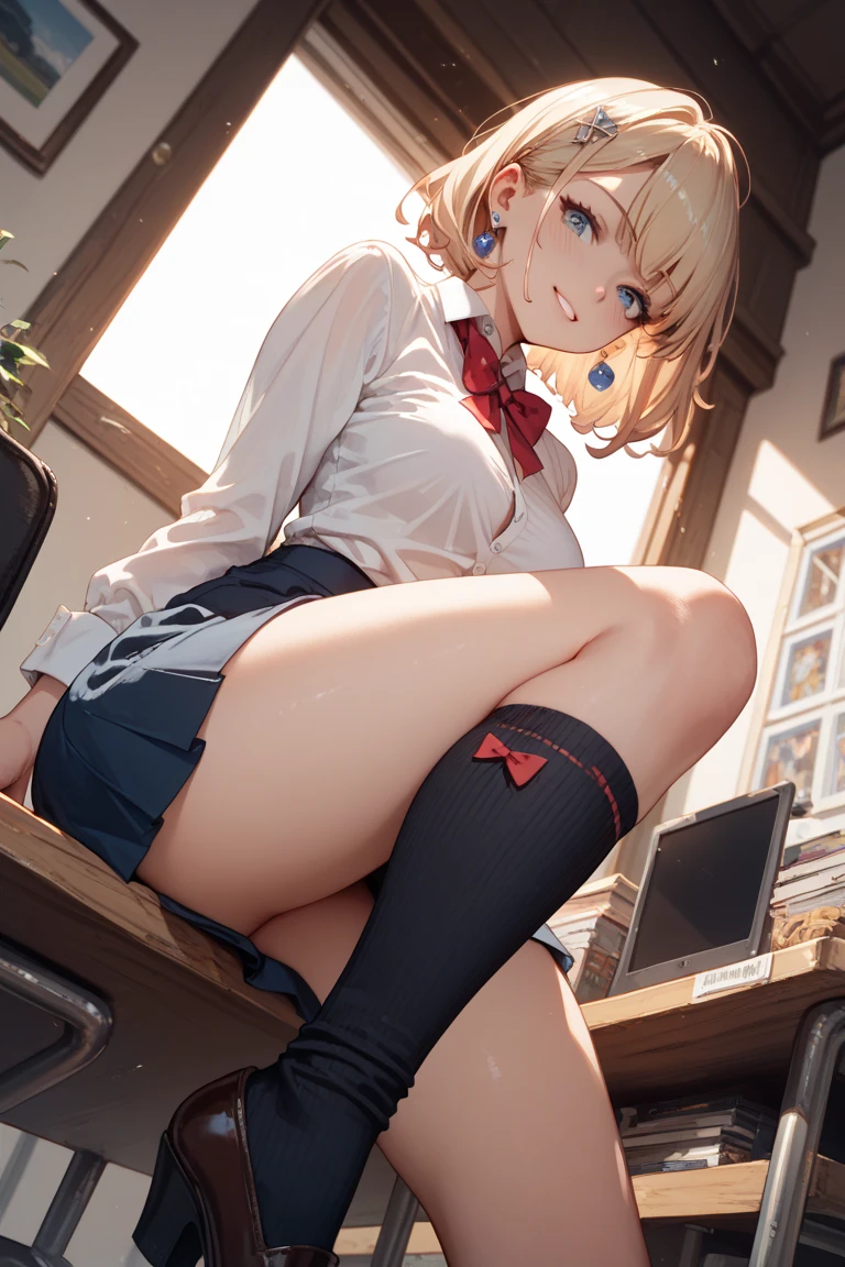 nsfw,((In underwear:1.4))、((Perfect Anatomy)),((Anatomically correct)),(((Slim and beautiful legs)))、((barefoot)),(((Beautiful toes with attention to detail:1.2)))、(((Five fingers))),Manicure、sweat,oily skin:1.6,slender body,presenting、naughty face,in heat,vagina、Detailed depiction of the crotch、 break High resolution、High resolution、high quality、masterpiece、1 female、Ellen Baker、School classmates、18-year-old、blonde、blue eyes、School classroom、sitting on desk、((open legs:1.8)),Squatting pose、attractive way to sit、Cute pose、blackboard、smile、((Head to toe))、((Close-up of a woman))、((I was made to sit with my legs apart...))