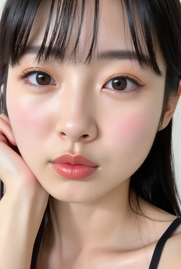 Hay una mujer con el pelo largo y una camisa rosa, cara linda y clara, maquillaje popular de corea del sur, maquillaje suave, Maquillaje ligero, maquillaje coreano popular, rasgos de la cara coreana, labios claros y de alta calidad, ulzzang, joven y adorable rostro coreano, ojos suaves y barbilla estrecha, maquillaje sutil, ojos redondos y bien dibujados, maquillaje ligero, ojos y labios