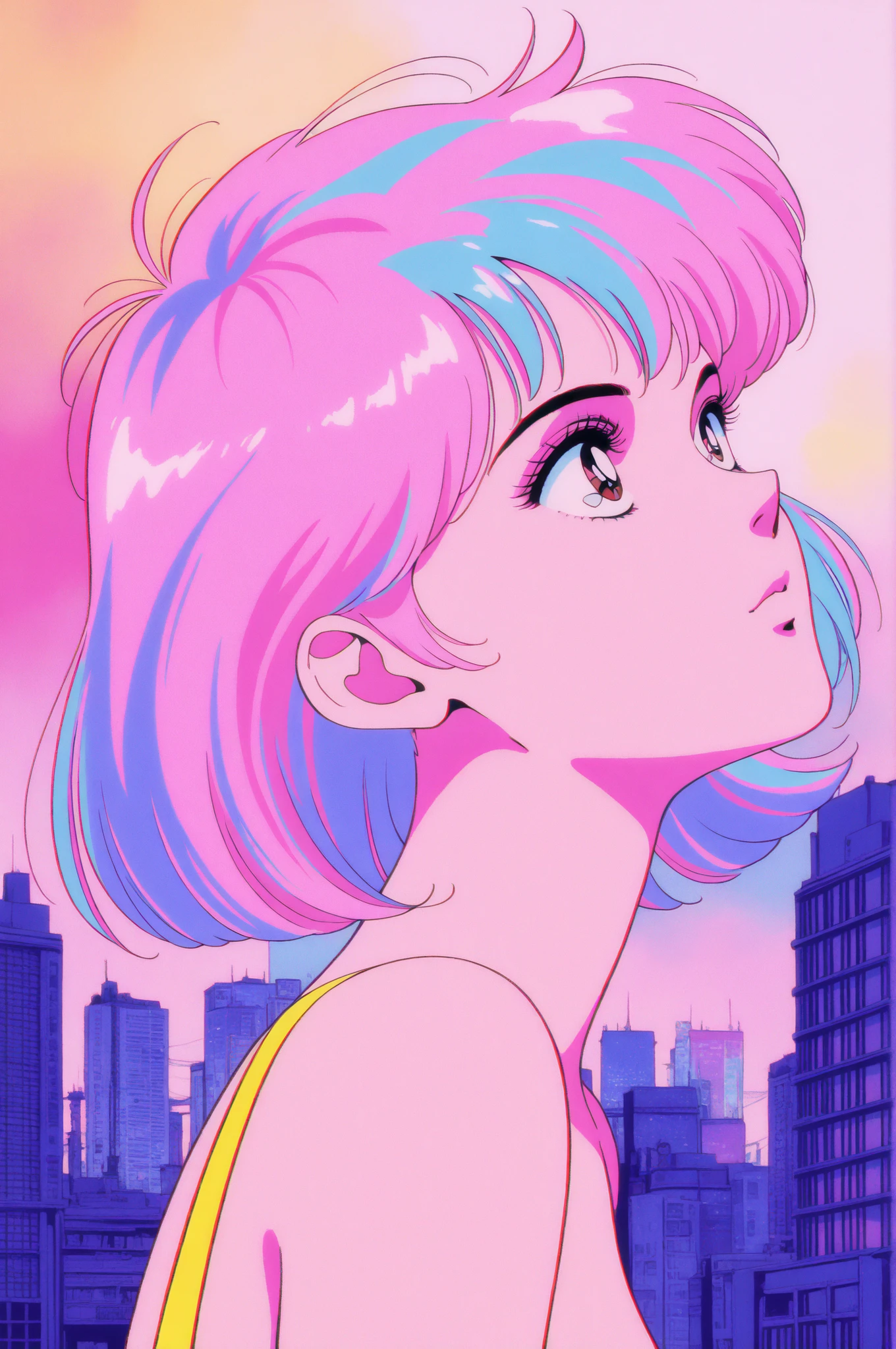 (highest quality:1.2, City Pop Style, Very detailed, up to date, Vibrant, High Contrast, masterpiece:1.2, highest quality, Best aesthetics), 1woman, ((Face Up Shot:1.4)), Colorful Hair, himecut, pastel colour, 1980s style, ((Retro, Vintage, Solid color background))