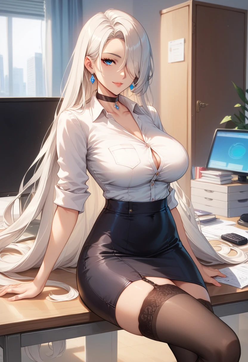 masterpiece, Highest quality, pretty girl,Gray Hair,Small breasts, skinny,hair ornaments, Twin tails,Large areola,Erect nipples,Big panties,blouse,,Lace pattern stockings, necklace, skinny ,,((Showing panties)),Office worker sitting on a chair,Half-taken off pencil skirt