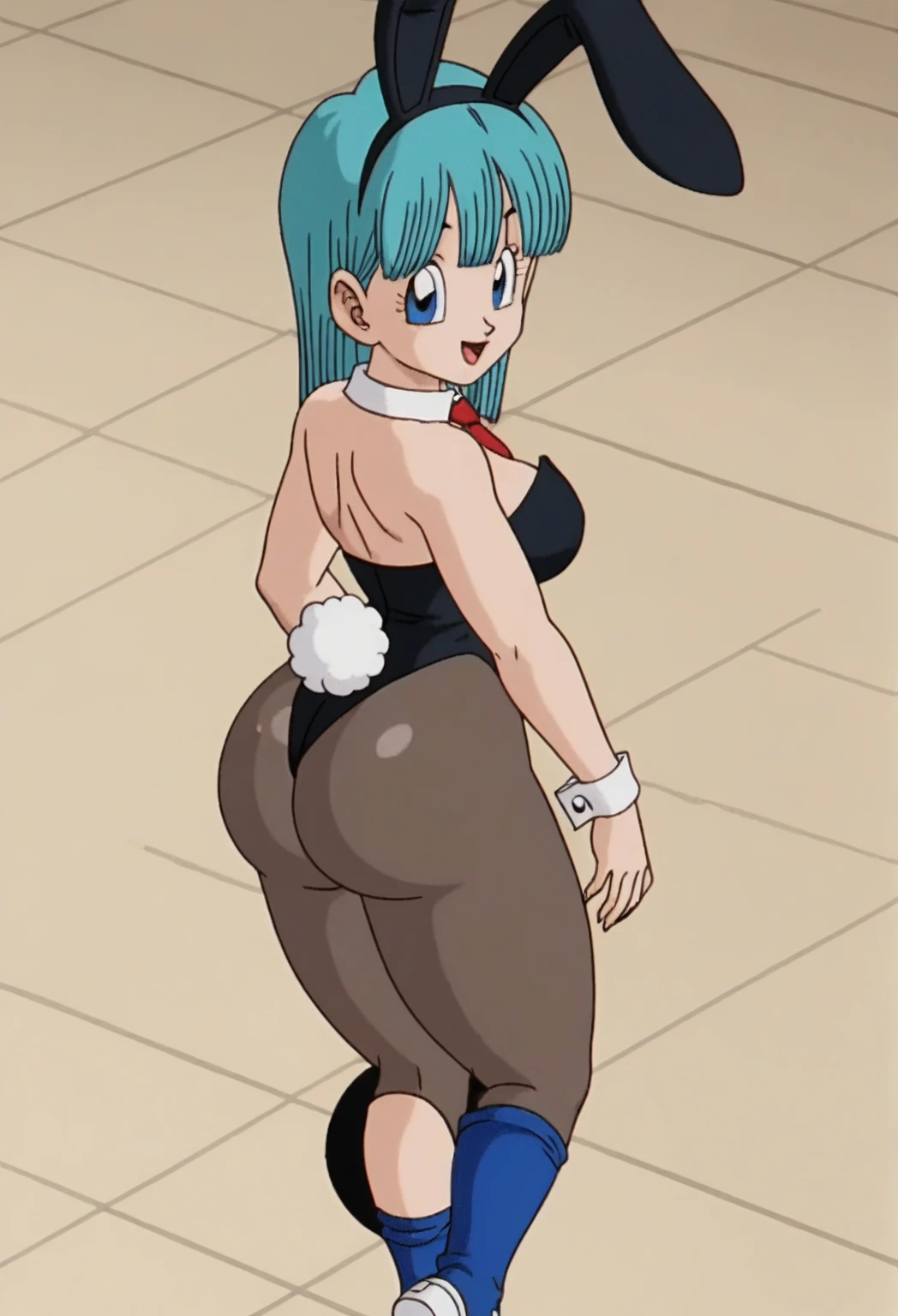 source_anime, score_9, score_8_up, score_7_up, anime screencap, bulma, 1girl, solo, breasts, looking at viewer, happy, long hair, aqua hair, fringe trim, blue eyes, standing up, ((black bunny suit)), sexy, ((blue pantyhose)), ruins, bunny ears, red bow tie , ((((thick thighs)))), ((ass grab)), (((suspicious grin))), ((ass)), ((dynamic pose)), bend over, ((((close up))))