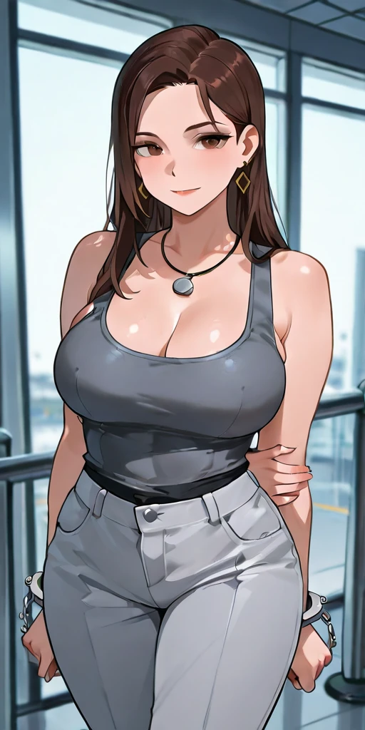 mature female,(large breasts:2.5),(shiny hair),((solo)),((masterpiece)),((best quality)),perfect anatomy,slim waist,perfect image,8k UHD,(beautiful detailed eyes:1.5),extremely detailed face,standing,(upper body:1.3),(look at the front:1.5),arms behindback,ultra-detailed,absurdres,highres,(light brown hair:1.5),((blunt bangs)),erotic lips,((sensitive smile)),sexy mature women,45 years-old,long hair,(blue ribbed sweater),sleeveless,mini skirt, showing off armpits,sweat armpits, sweat, in the train