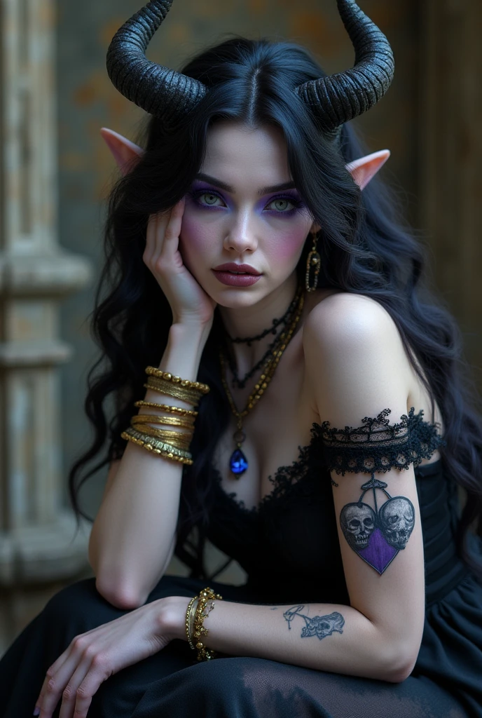 Real photo, extremely realistic. beautiful woman, I am half gone, violet hair. has wavy black horns, tattoos on the body. big breasts, pointy ears. hands together in prayer position