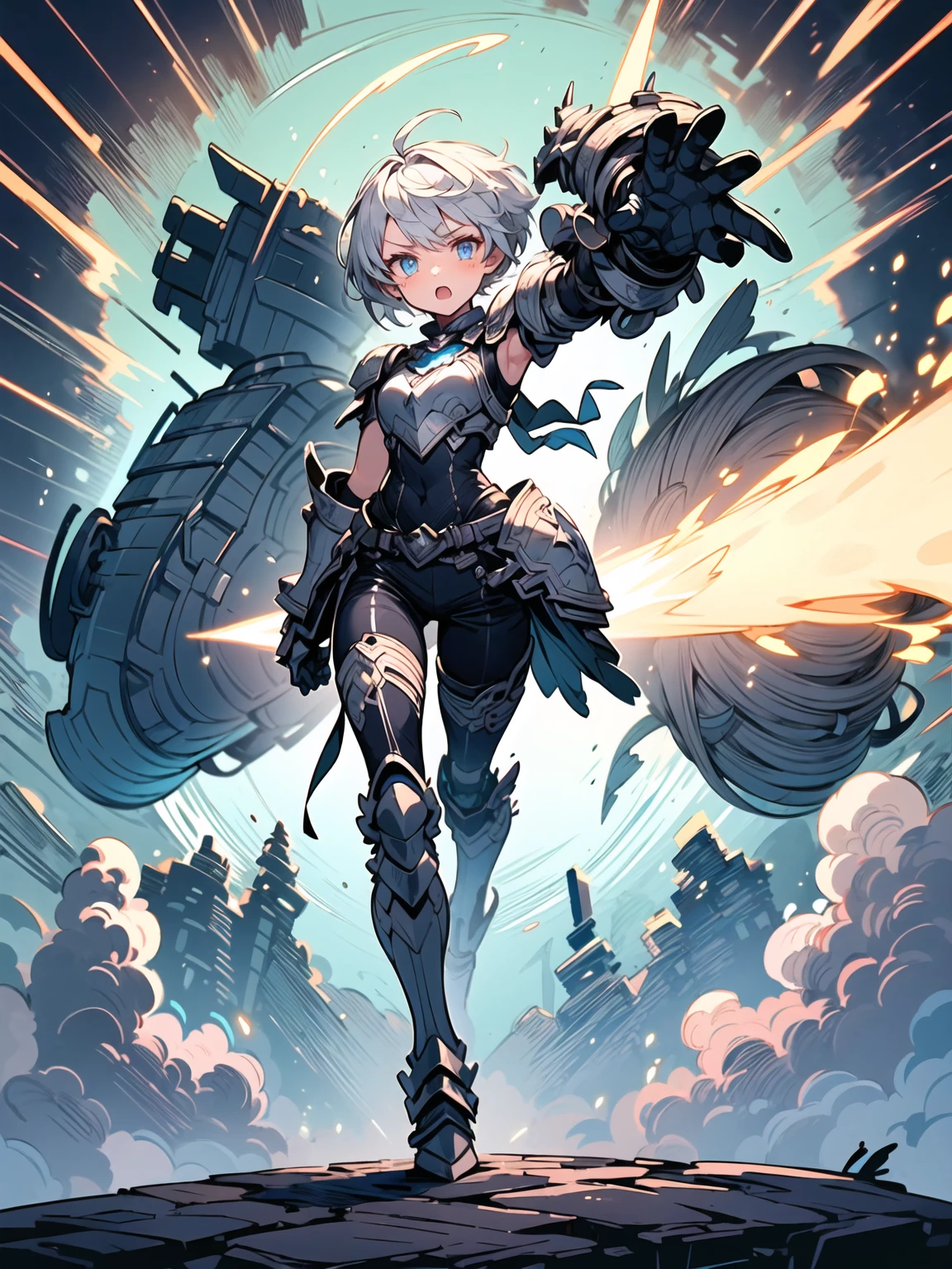 (masterpiece),  1girl,  science fiction,  weapons,  action pose,  dynamic angle,  light particles,  torn clothes,  damaged armor,  bodysuit,  armored skirt,  colorful
