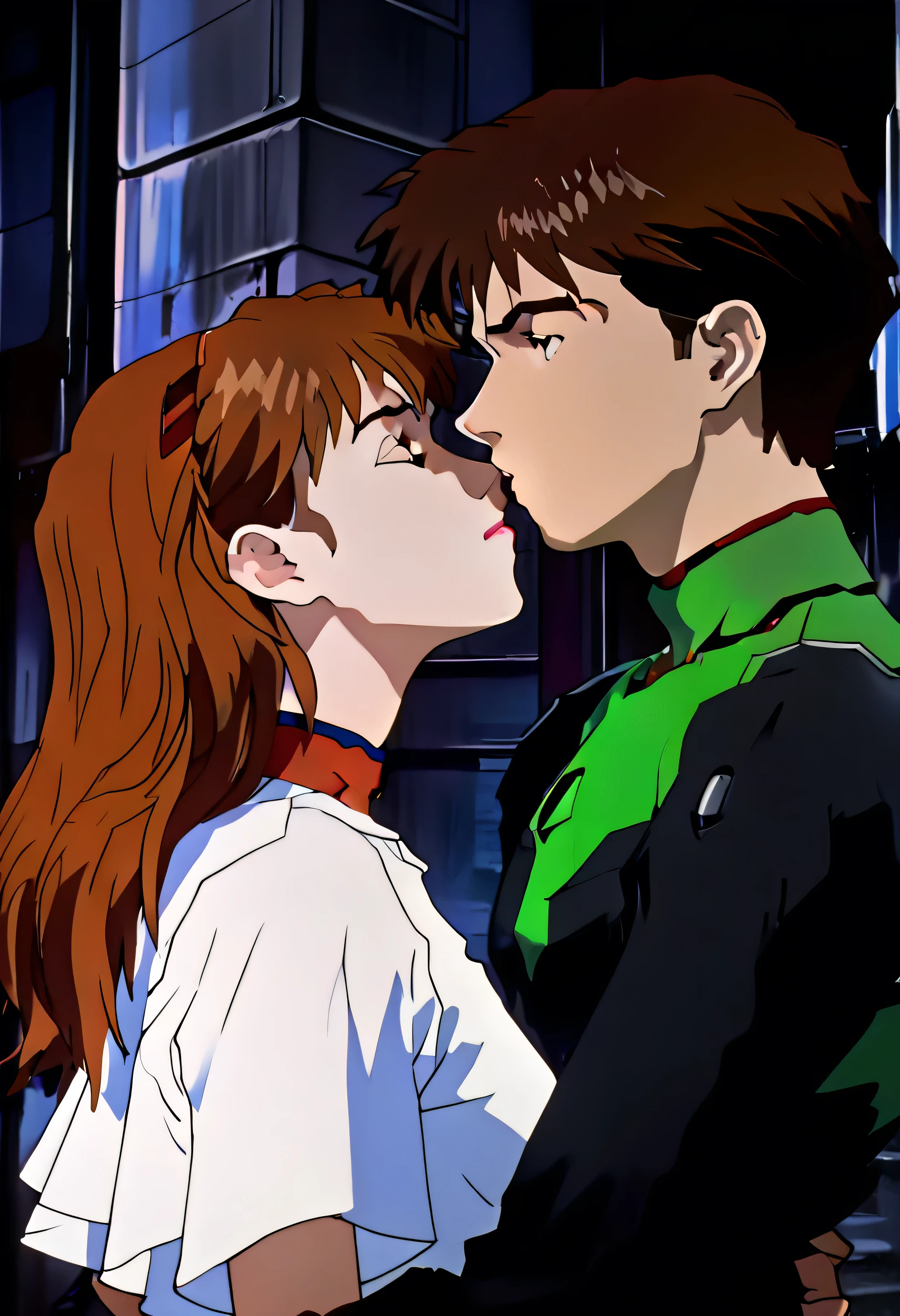(Two people kissing). 1 boy, 1 girl, shinji kissing asuka, neon genesis evangelion, detailed facial features, romantic expression, dynamic pose, high quality, 8k, ultra detailed, cinematic lighting, romantic atmosphere, sci-fi setting, futuristic architecture, glowing neon accents, vibrant colors, deep shadows, moody tones, digital painting