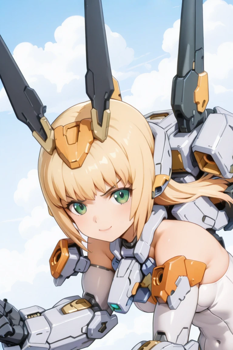 Masterpiece, best quality, best work, beautiful face, striking pose, sci-fi white bodysuit, mech, short, petite, blonde, orange eyes, glowing eyes, mecha angel, detailed eyes, standing on giant robot, giant laser cannon. mecha wings, in sky, overlooking city,