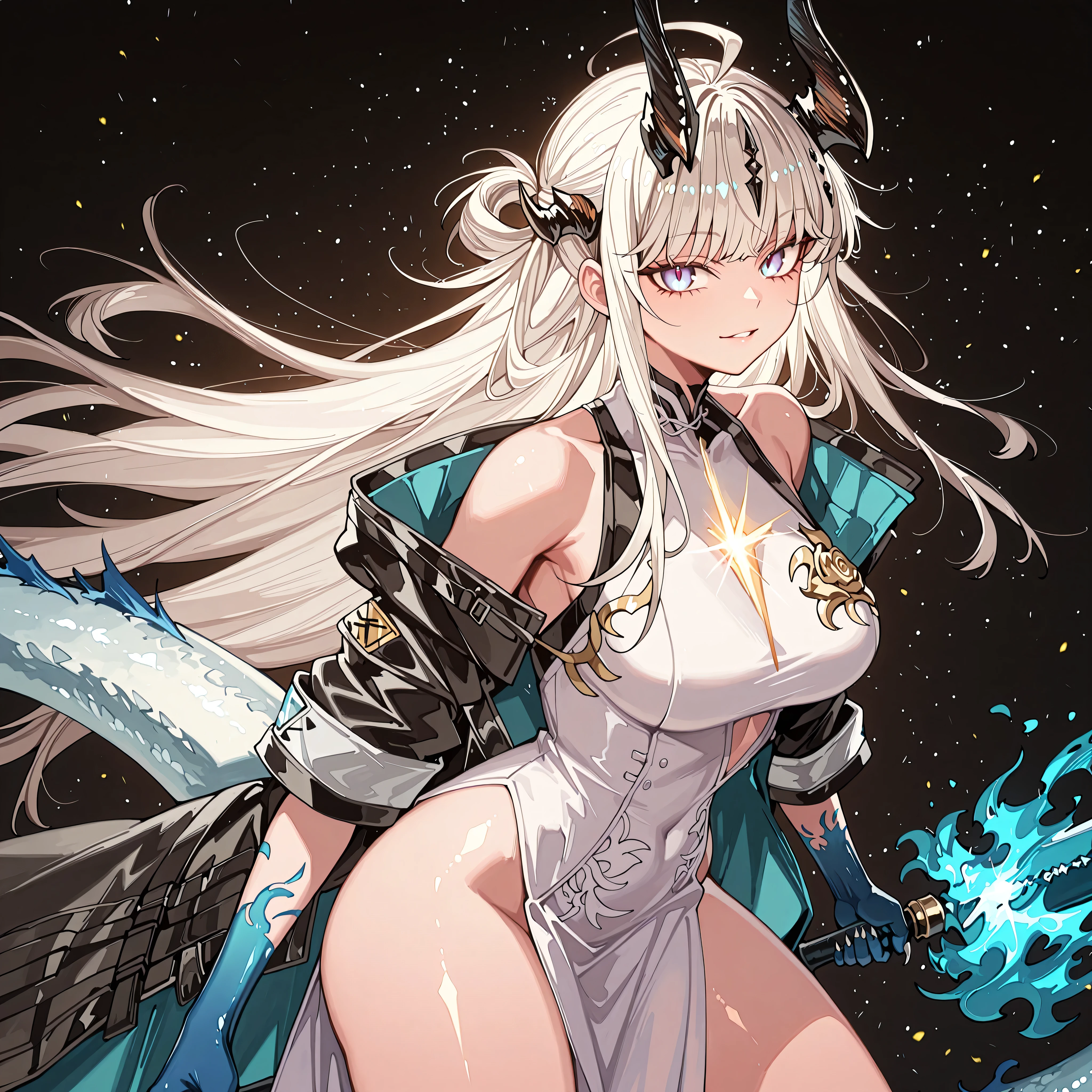 only, 1 garota, facing the viewer, cabelo branco, penteado de Alisa "alia" Mikhailovna Kujou of "alia Sometimes Hides Her Feelings in Russian", rosto de Alisa "alia" Mikhailovna Kujou of "alia Sometimes Hides Her Feelings in Russian", olhos azuis, franjas longas, anatomia perfeita, estudante, black horns of Reed de "arknights", Long black horns, fierce face, rosto provocativo, white dragon tail, blue flame on the tip of the tail, jovem girl, corpo perfeito, jovem, sensual, perfect and beautiful face;
A black coat like "twilight" de "arknights", sexy white Chinese dress, exposed arms, blue arms with black spots, hands with claws, blue hands with black spots;
facing the viewer, cara a cara, fundo preto, pose sensual, bunda grande, seios grandes;
Wielding a giant sword of Nian de arknights, golden details on the sword, giant sword drawing, Blue blade;
attack position, exposed shoulders and head, perto do rosto , looking at the character, looking at the viewer, cara a cara, sorriso provocante, confiante, cute expression;
Pay attention to the necessary colors, , maximum resolution;
uma imagem +18, uma imagem sexy;