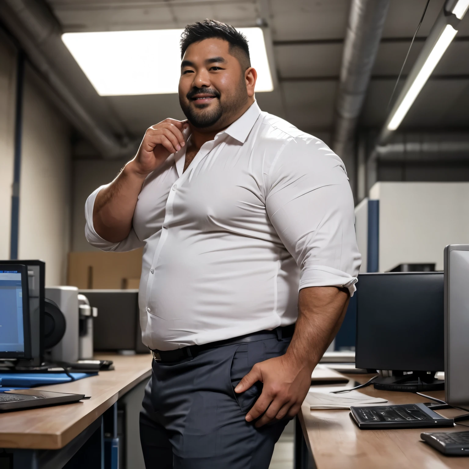 A slightly chubby Asian man is 40 years old , father, A man wearing a white suit shirt is standing, 10,000, Alone, grey pants , Hair with moderate virtues , natural nerdy hair , round faces inside the vagina:2, thigh, detailsな口 , At the office , Coffee Break , details , anatomically accurate , This image was taken with a medium telephoto lens ., Dark warehouse at night , smiling gently , He has his mouth slightly open , orgasm face , Sexual Shame , audio, delicate hands,
