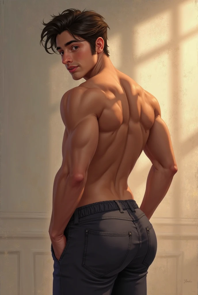 view from behind, 1 naked man standing by the window to see the snowy day, homoerotism illustration drinking a cup of tea , symetric composition, oil painting in paul chabas and paul cadmus style, vivid colors, intricated details, A stunning naked young man shirtless, pantless, barefoot, with bright blue eyes and a happy expression. His black hair falls across his square chin, and his full lips curve upward in a smile. The lighting is warm and intimate, casting no shadows. In the background, cotton fields stretch out behind a grand plantation house. Focus on ultra-detailed rendering of his pecs, abs, biceps, and shoulders, with a hint of waist definition. The painting style is classical, with an emphasis on fine details like skin texture and facial features. The young man's body tilts slightly to one side, drawing the viewer's eye to his smooth and delicate skin. His eyes are big and delicate, open wide in a sensual gaze that seems to beckon the viewer closer. The overall atmosphere is one of lustful intensity, with deep colors and a sense of intimacy. The depth of field is 1.2, allowing for a clear view of the subject's abdominal muscles
