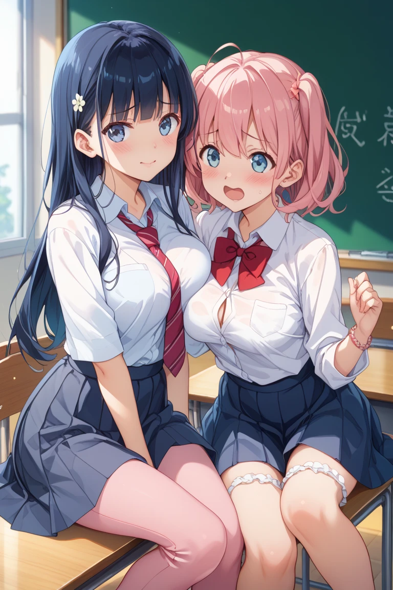 highest quality、High resolution、detailed background、beautiful and detailed face、beautiful and smooth skin、skin texture、Beautiful teenage girl、(3 women)、(huge breasts:1.2)、stripe々panties、sailor suit、white sailor collar、sleeveless、plaid pleated mini skirt、ponytail、knee high socks、
((When I was changing clothes in the classroom, I was in my underwear..、take off clothes))、emphasize the chest、emphasize cleavage、legs open、big ass、smile playfully、laughter、smile、sexual expression、pantiesショット、panty shot、sheer bra、cute、camel toe