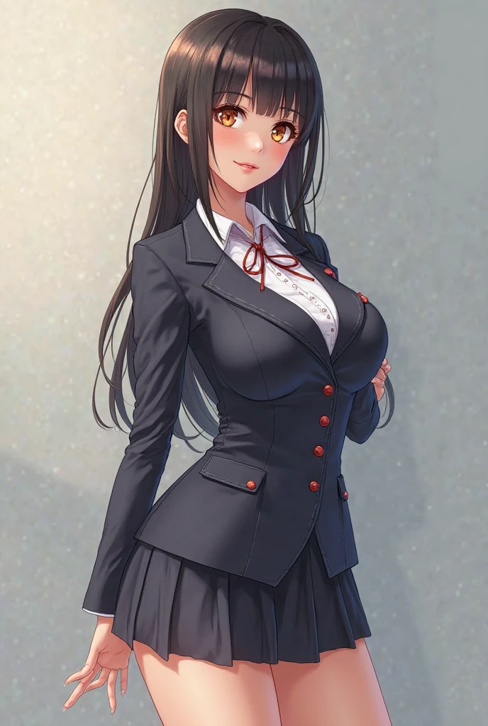 ((Best Quality)), ((masutepiece)), (Detailed), Perfect face A detailed face younggirl cleavage of the breast red eyes long, thick black hair Blunt bangs Solid background color is standing Student Council President blazers a miniskirt Wear school uniforms