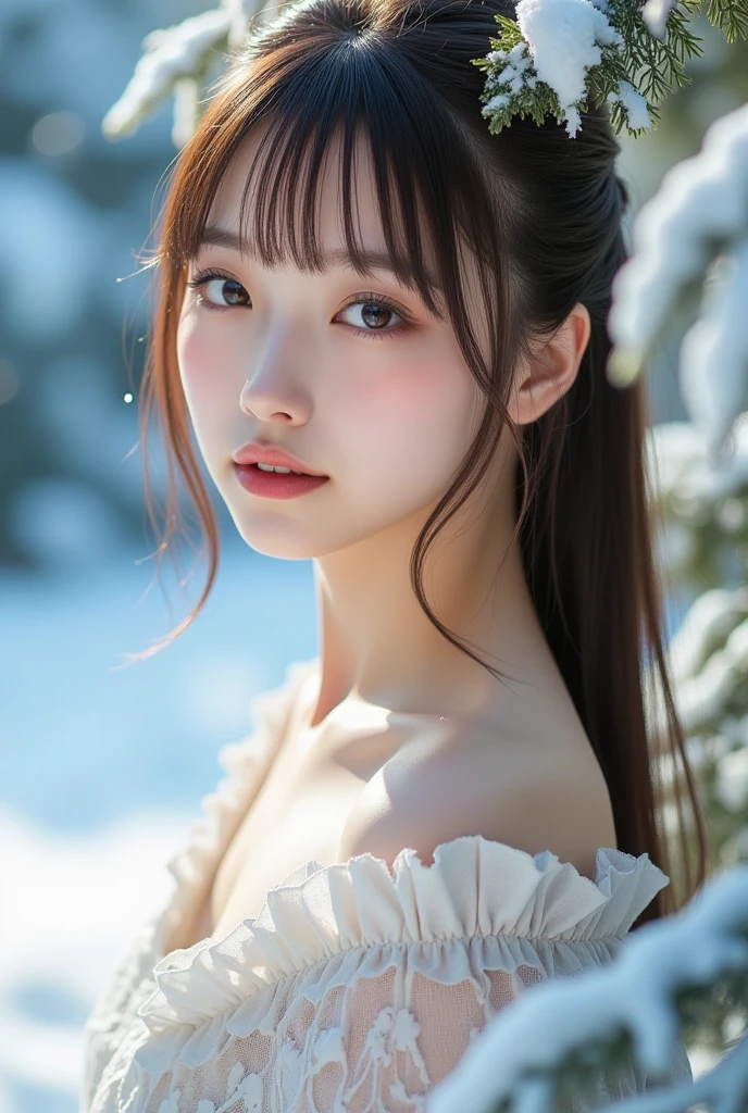 best quality,masterpiece, high resolution,realistic,high detail, RAW, color photo,wallpaper, depth of field,modelshoot style,focus on girl,.1girl,solo,upper body,gorgeous face,(symmetrical freckles:1.1),hanfu,(off shoulder),(from behind,looking back:1.2),long hair, brown hair, big shiny water eyes, hair ornament,jewelry,natural pose,.plum flower,(tree branch,snow:1.2),.bright light,Film camera,.VSCO,16K,HDR, highres,(grainy textures),IS0 200,.