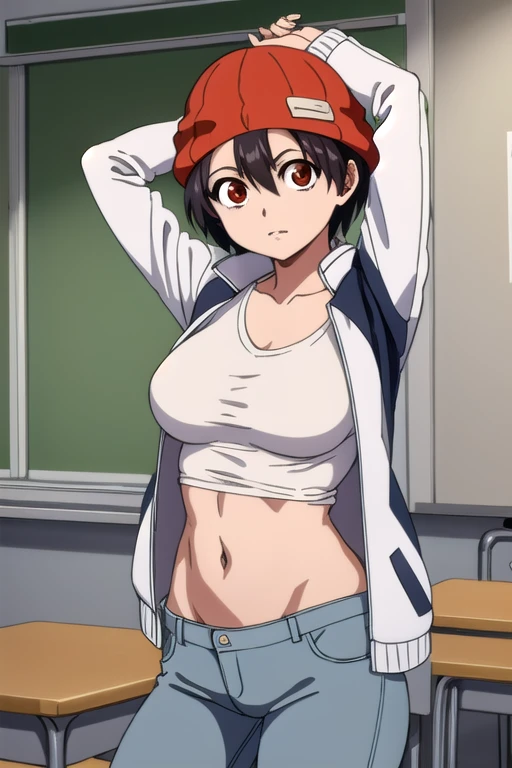 1girl, (masterpiece:1.1), hi-res, 4k chuyun,Dark blue hair,Brown red eyes,red hat,Red gloves,White T-shirt,Blue pants  ((ropa interior))