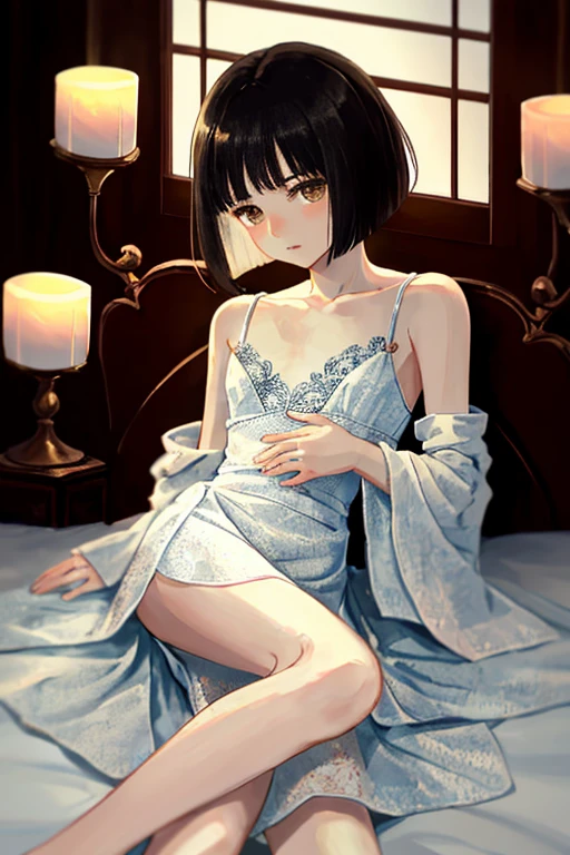 absurdres, RAW photo, extremely delicate and beautiful, masterpiece, Best Quality, ultra high resolution, 32k, hyperrealistic, ultra-detailed, perfect anatomy, super Detailed skin, perfect figure, Super Beauty, Perfect Style, Perfect balance, in her 20s, very small head, very small face, delicate facial features, tearful mole, earring, huge round breasts, legs, medium hair, full body shot, bare one shoulder, collared shirt, bed, indoor,