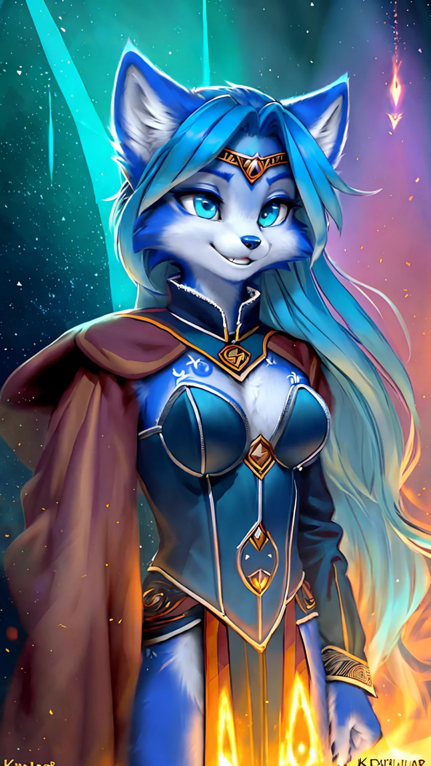 A beautiful and detailed (sweet picture) wa ((krystal)), Star Fox Krystal, sslim, lovable, green eyes, medium breasts, (((Long blue hair 1.3))), Decollete, grin, look up,, anthro, furry, Uploaded E621, detailed fluffy fur, (wa Fluff-Kevlar, Bayard Wu, personalize me, Pino Daeni), detailed face, (fluffy), 1 girl, alone, sweet girl, alone, ((((is located in Hogwarts)))), magician clothing