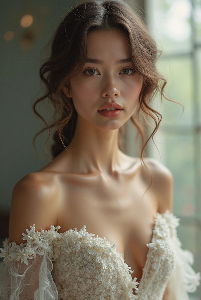 A woman, sensual, she is an adult, brown hair tied in two buns, (((a woman with tied in two buns 1.7)))(((very beautiful))), perfect faces, she is surrounded by white flowers in her room, dark and cold palette, beige dress that fits her body, brown eyes, 8K, modest clothing, extremely detailed, (high quality, realistic, photorealistic: 1.37), ideally defined proportions, meticulously crafted features, inaccessible beauty, perfection, artistic art, vivid realism, hyper-detailed sculpting, realistic shapes, truly inspiring, impeccable craftsmanship, pure brilliance, ethereal beauty, delicate contours, striking poses, sublime beauty, subtle nuances, dynamic compositions, vibrant colors, perfect lighting, moving expressions, heavenly aura, majestic presence, dreamlike atmosphere, unmatched high level of detail, high-octane rendering in artstation, 8k art photography, concept art photorealistic, volumetric cinematic soft natural light, chiaroscuro, award winning photography, fine art, oil on canvas, beautiful, detailed, intricate, insane