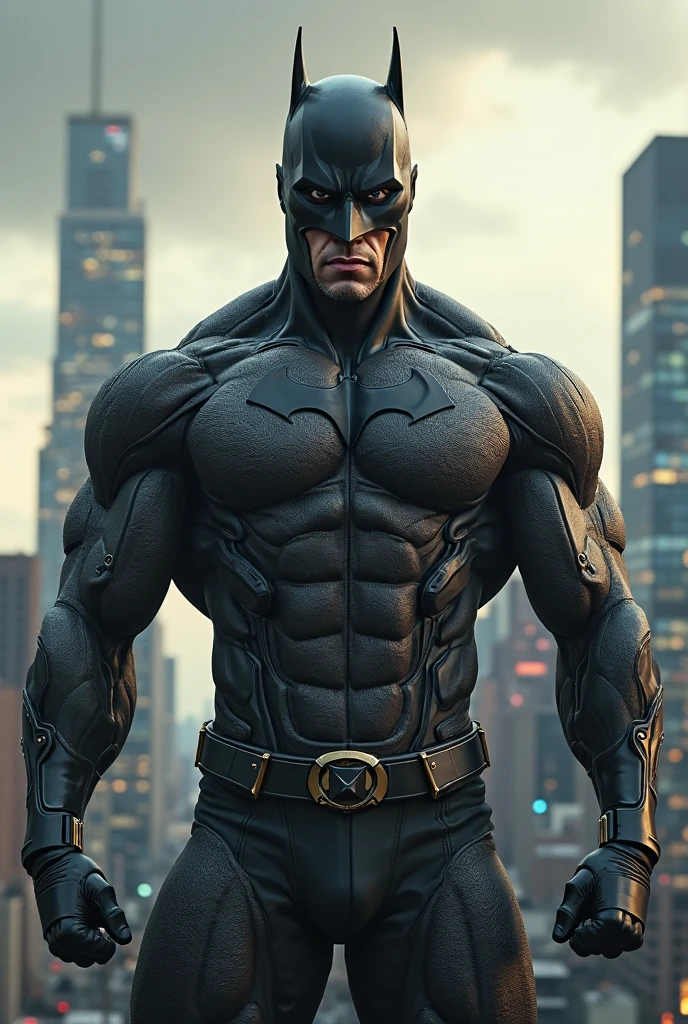 A photorealistic image of a highly muscular Batman standing in a dramatic pose in the dimly lit streets of Gotham City. Batman should have exaggerated muscles, showcasing his peak physical condition. His costume should be detailed, with the iconic bat symbol, utility belt, and cape. His facial expression should be stern and focused, embodying the essence of the Dark Knight. The background should feature elements of Gotham City, such as skyscrapers, the Bat-Signal in the sky, and perhaps a glimpse of the Batmobile parked nearby. The lighting should highlight Batman's muscular physique, casting shadows that add depth and drama to the scene ,<lora:gan2_video:0.85> ganjo