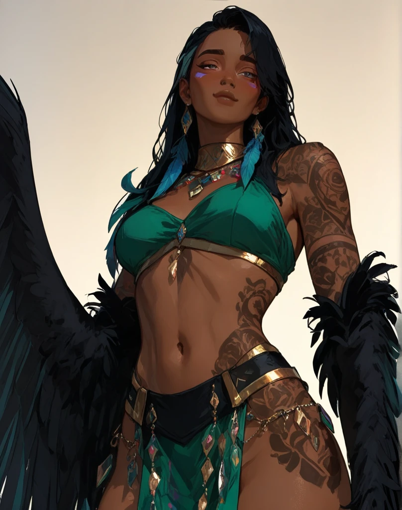 (standing straight), Wild Xavante India, ((extreme tanned skin)), extreme long black straight hair messes over naked ,a bit muscular, huge macaw blue parrot ((feather headdress)), medium breast, athletic built, long legs, curvy, big parrot feather cover , ((detailed lips)), (aletta ocean face), ((slendered abs)), breast painted blue and yellow, indigenous yellow and green facial painting, huge macaw blue parrot feather necklace, honey eyes,tall body, ((medium thigh))(((masterpiece))