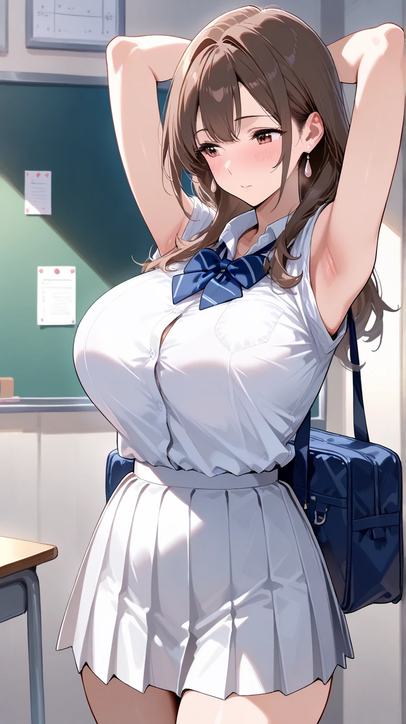 Lisa, genshin impact, 1 girl, alone, ((white shirt)), black Thighhighs, huge breasts, cleavage, uniform, office background, black skirt, pleated skirt, office, hair between eyes, messy hair, large chest, long hair, looking at the viewer, brown hair, red short nails, green eyes, alone, Thighhighs, thick thighs, very long hair, ((masterpiece)), classroom, machine, Chair, board, class board, adult woman, sexy woman, Put your hands on your chest, blush, open your mouth, eyes half closed