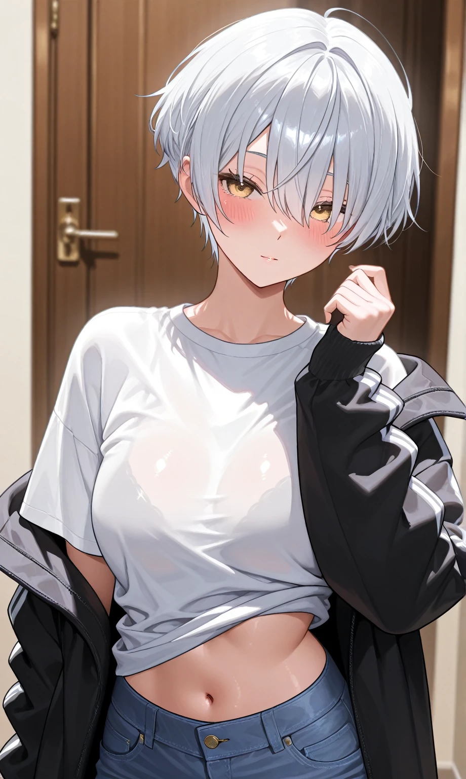 Kimishima Ikuto、17 years old、(1:boy)、(Hairstyle:Silver short hair,Silver Hair)、Slanted Eyes、Brown eyes、完璧な解剖学一人のboy、Thin and flat chest、(face:Surprised expression)