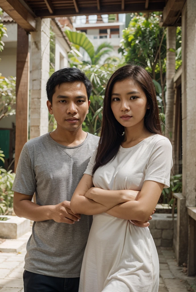 Medium shot of a 35 year old indonesian man, fit body, ideal body, oval face, white skin, nature skin, medium hair, wearing a shirt , side by side with a 30 year old indonesian woman with, gray crop tot, they smile facing the camera, eye to camera, eye level angle with City view in the background