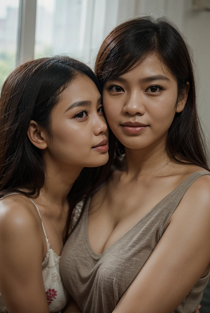 Romantic. Young indonesian Couple. a woman noy wearing cloth and gray bottoms, sexy woman, updo hairstyle. closed eyes, open mouth, Braless, medium breast, cleavage (romantic lift hug from behind). beautiful face. Smoking in the class room