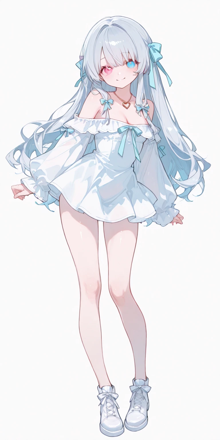 looking back, ruffle casual dress, full body, white background, ahoge, big eyes,