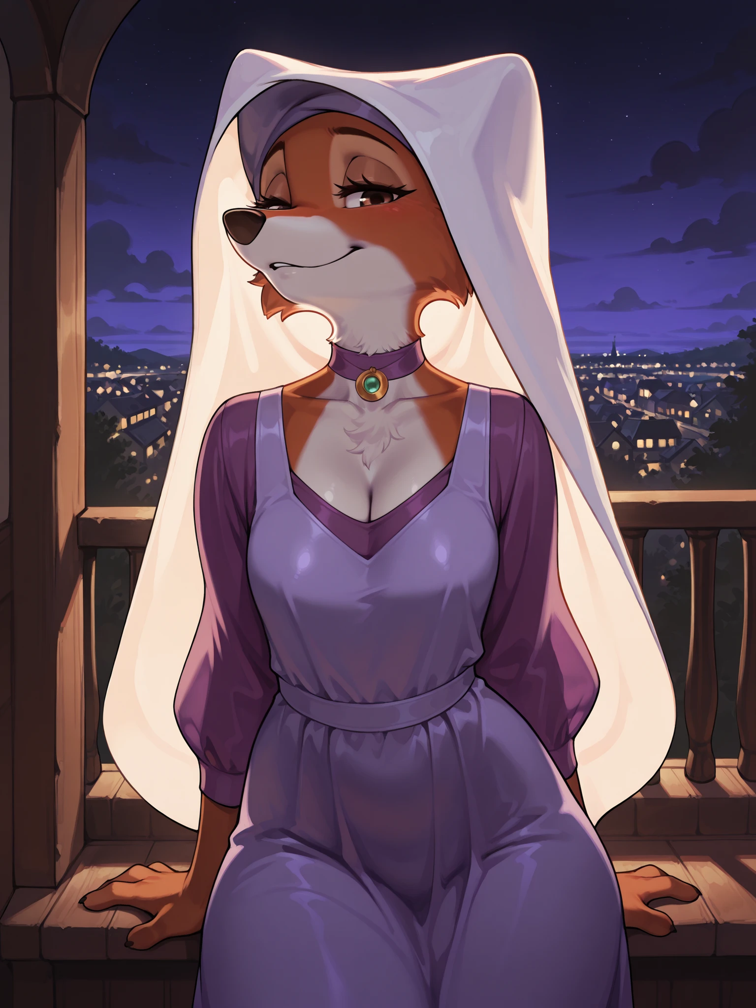 (Masterpiece, better quality), hairy:1.3, snout:1.2, The second:1.3, hairy:1.2, amazing quality, very aesthetic, absurd, Highres, new , HDR-10, 8K, cinematographic, professional photo, maid marian:1, animal ears, pechos grandes, (Small but curvy), purple party dress, black necklace with gold pendant, (((seductive expression))), (((neckline))), Awestruck, Balcony at night, Detailed background, subsurface dispersion, translucent, brilliant, SSS, girl, atmospheric haze , Illusp0s , (super quality:1.2), very excited