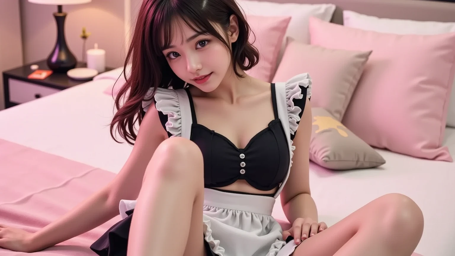 (1young girls), Brown hair, Amazing face and eyes, Pink eyes, (Maid café costume with frills, Pleated mini-skirt:1.5), (Maid café costume with wide open chest:1.1), Beautiful big breasts, bared chest, (amazingly beautiful girl), Brown hair, Stylish hair ornaments, (Best Quality:1.4), (Ultra-detailed), (extremely detailed CG unified 8k wallpaper), Highly detailed, High-definition raw color photos, Professional Photography, Bedroom, (Lying face down in bed:1.3), Head on pillow, Spread your legs open,