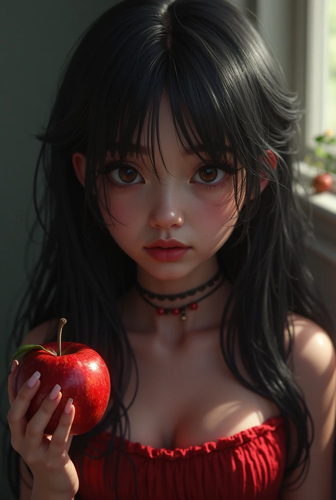 masutepiece, Best Quality, hight resolution, Short hair, Blue eyes, 1girl in, Solo, sitting 、Fold your hands in front of the navel、Put a bright red apple on it to hide the pubic area、Bangs, 鎖骨, Bare arms, , fullnude, White background, front, No view, Looking at the viewer,Upper body, face to the viewer, Solid color background, clean back ground, Facing the camera, High resolution, expressionless calm face, white backgrounid, Looking at the front, simple background