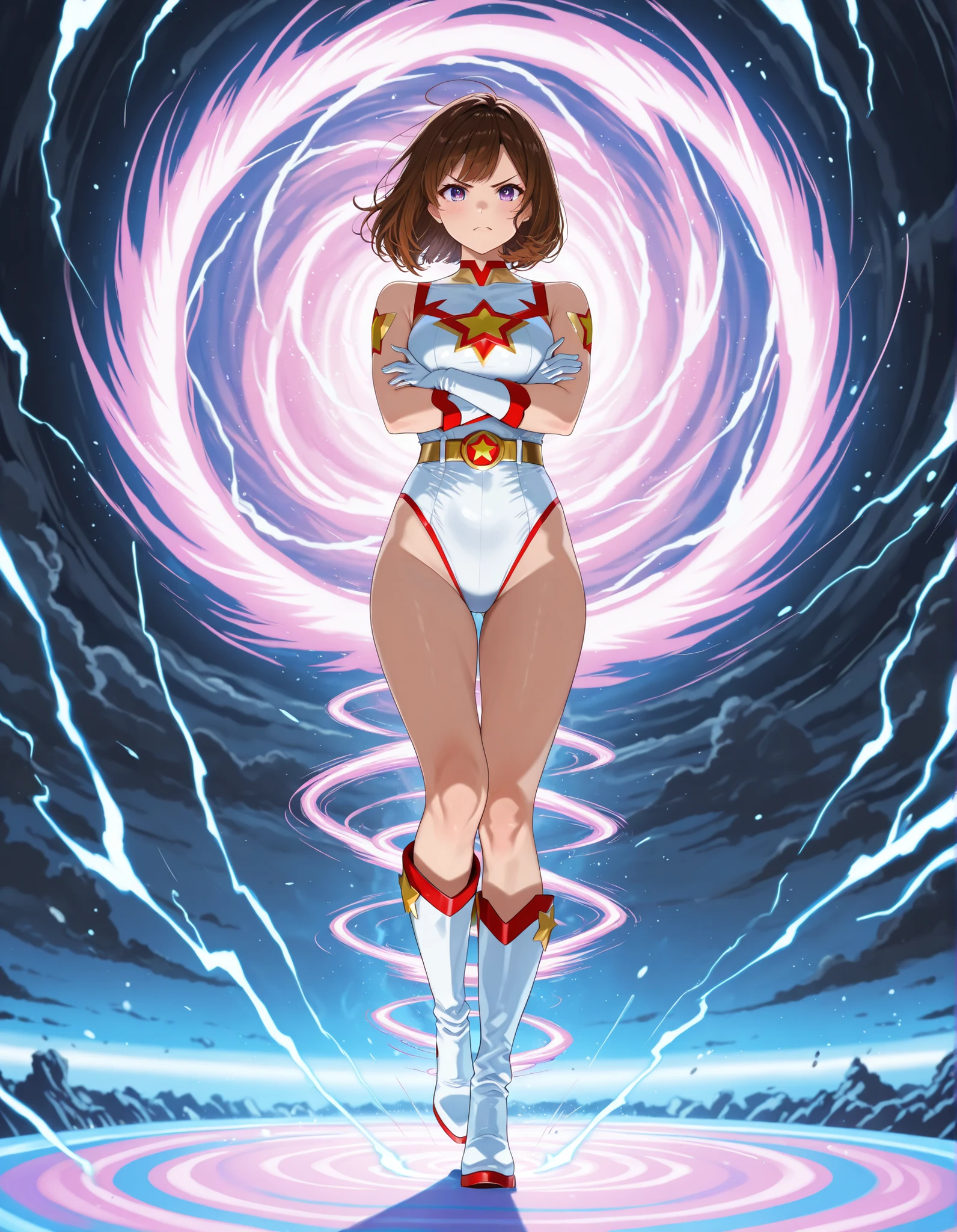 (masterpiece:1.2,Highest quality,Highest quality,High resolution,Very detailed),8k,1 female,Mature female heroine,40 years old,Woman transforming into Ultraman, (Dynamic Makeover:1.2),(Dynamic hair movement:1.2),(short hair),(Shiny Ultraman uniform),(Glowing Skin,Big eyes,Droopy eyes,Long eyelashes,Beautiful thighs,Beautiful Hair,Beautiful Face,Beautiful Eyes,Beautiful body,Beautiful breasts,Beautiful feet,Beautiful fingers),break((Ultraman)),((Ultraman_rise:1.5)),((hand)),(Raise your right fist straight up),(右handはパンチ),(Extend your right arm straight),((Detailed drawing of a fist),(Severe),(The background is a glowing prism flash),((Wrapped in dazzling light)),((Beautiful trading cards,Gold Card))