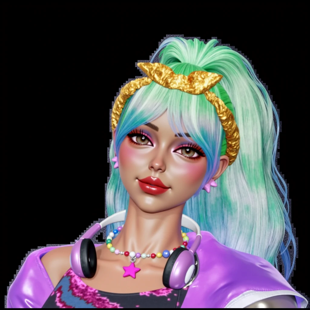 xyzseraphine, 1girl, 3d render, multi-colored hair, trendy clothing, sparkles, sprinkles, jacket, eyewear
