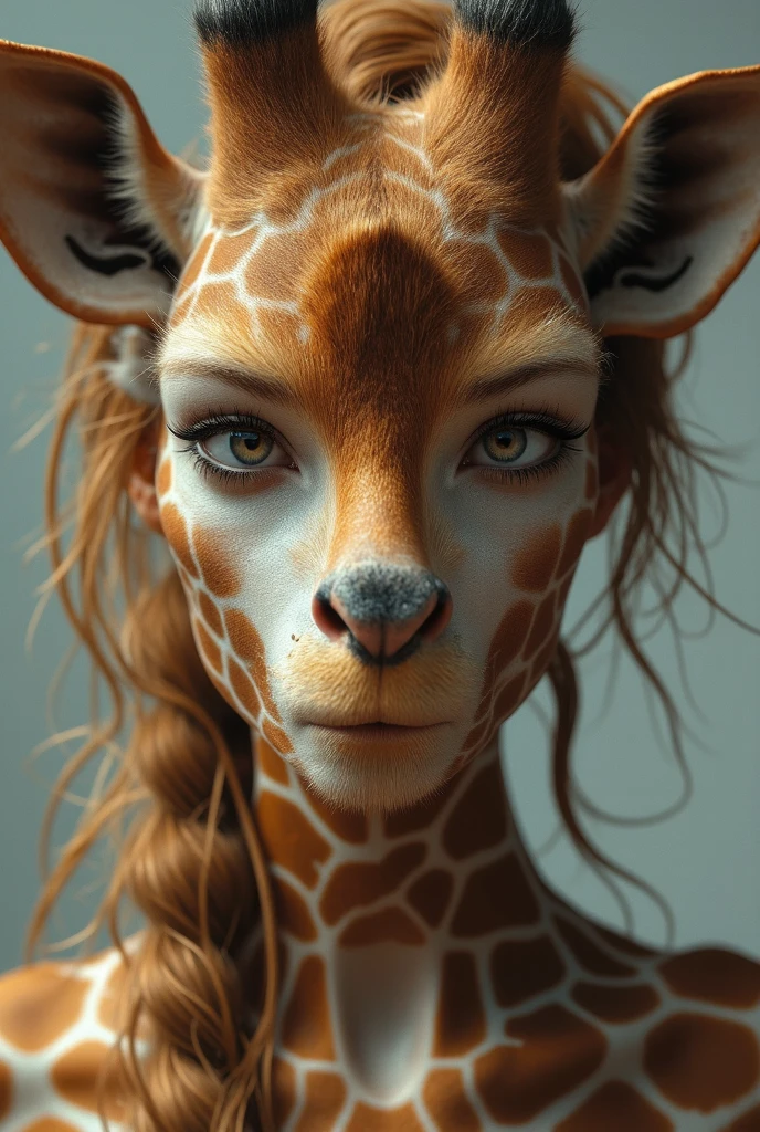 Make a woman on the red carpet wearing a giraffe mask and well-groomed