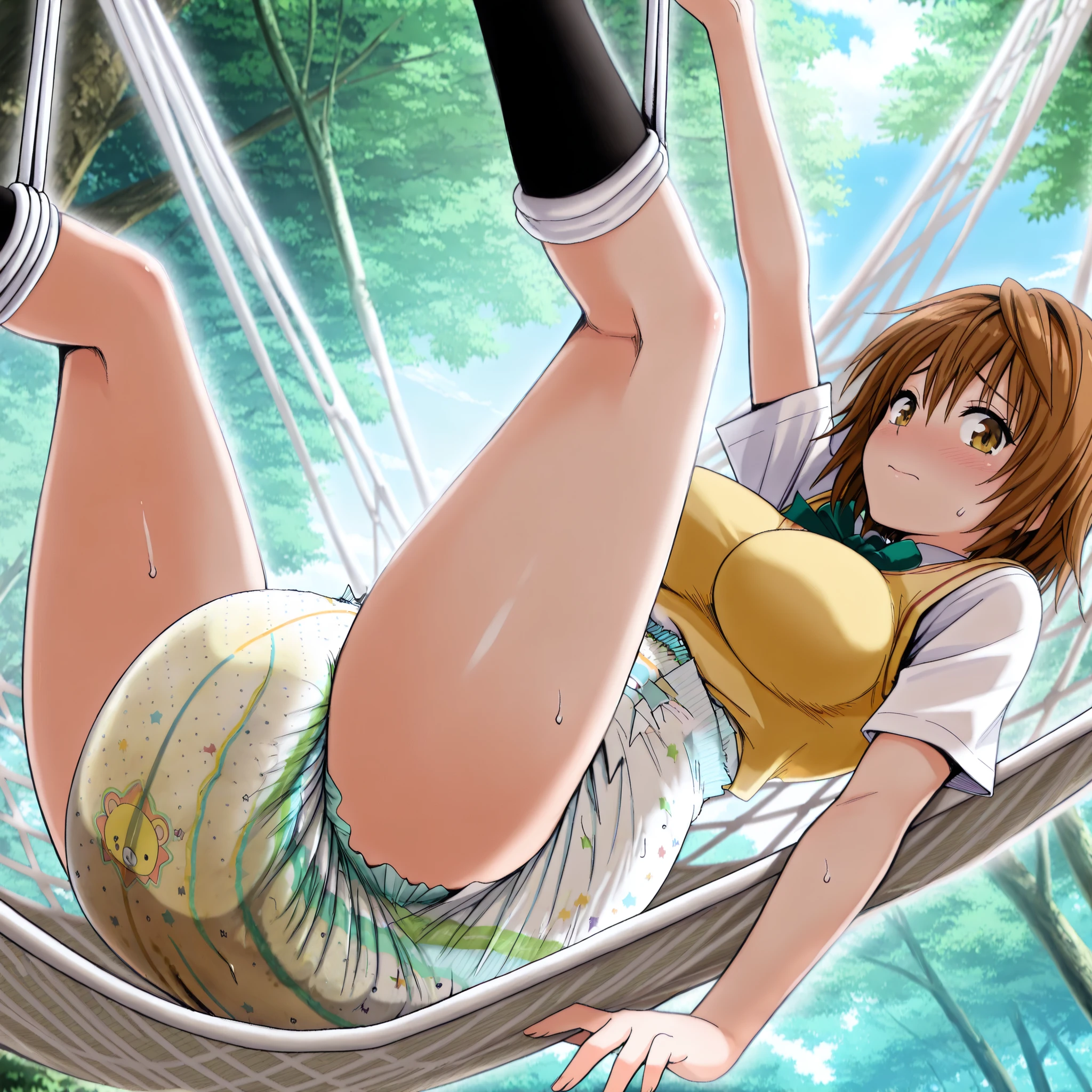 (from below:0.9), (side view), in the morning, (in the Deciduous Forest), close up, top of trees, sky, sunny, solo, 1curvy girl surrounded by tall trees, (lying on the Hammock), looking at viewer, shy, closed mouth, (arms raised in the air, outstretched arms:0.8), (Spread hands), (Extending the knee:1.2), (Hang from above with two white ropes binding the feet:1.1, white Ropes wrapped around feet:1.2), (Stretching out legs:1.2, spread legs:1.1), (large Brown Hammock hanging from above:1.2), (3 tall trees growing behind:1.2), (Thick olive-coloured tall trees, green leafs), (wearing high-waist thick diaper:1.2), (thiccdiaper), (urine filled diaper:1.3), (riko, brown hair, brown eyes, r_clothes, green bowtie, short sleeve blouse, sweater vest, yellow vest, black kneehighs), (shiny skin), (large breasts, perky breasts), (print diaper, bear print, polka dot diaper, star print, front-print diaper, back-print diaper, peed diaper, wetness indicator), (wide hip), (thick thighs:1.2), (huge butt:1.2), (chubby), Anime Screencap, forest, tree, top light, (cinematic lighting), deep shadows, high contrast, strong eye highlights, BREAK (IllustriousQual, 4k, high detailed, amazing quality),