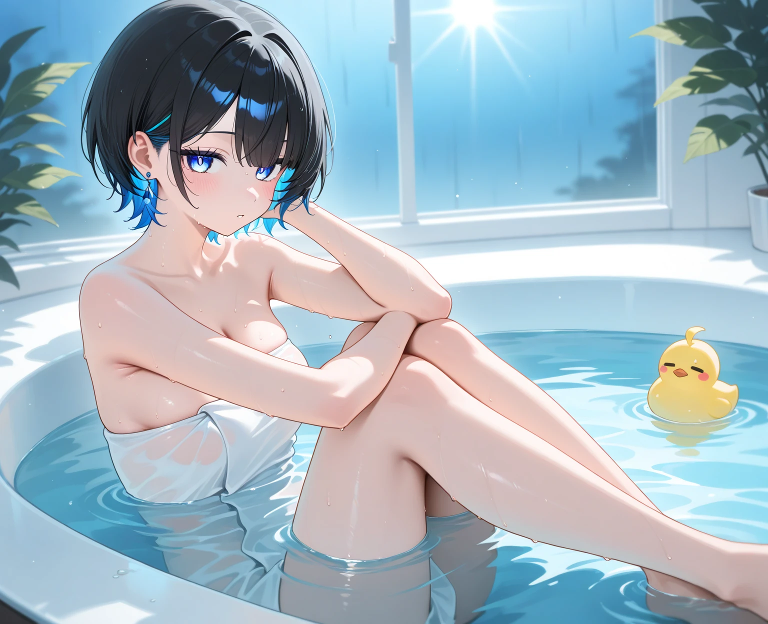 (masterpiece、top-quality、Detailed shiny skin:1.2)、flawless、in 8K、Unripe、 hight resolution,ultra-detailliert,Official art,Beauty and aesthetics,masterpiece,best qualtiy,ighly detailed,Variegated,Most details、Shining eyes、Detailed eyes、face perfect、top-quality、in container、1girl in、独奏、short-hair、Light blue juice、Fresh fruit、a blue skirt、full body Esbian、sitting on、(Drink a glass:1.2)、in drinking glass、Look at viewers、icy、Cool、neon color、Pink hair、wetted skin、full of sweat、red blush、Twin-tailed、Tropical、lemons