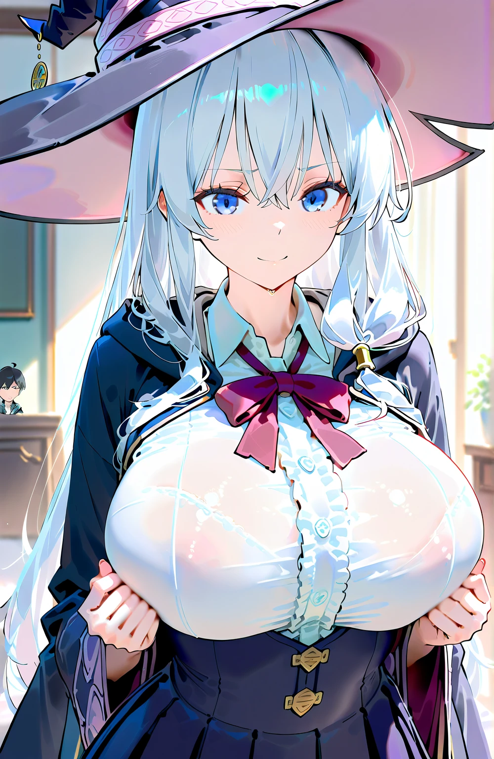 senior, 1 girl, 一人in, hin, tooth, , blush, looking for_in_viewer, Open_mouth, smile,big breasts, black_hat, skin_tooth, length_sleeve, , window, shirt, 屋内in, cape, :d, green_shirt, upper_body, black_cape, Day, skirt, null, bright_student, superior_hin, Letterboxed, curtain, wood, cowboy_hin, green_null, outdoor、light blue clothes