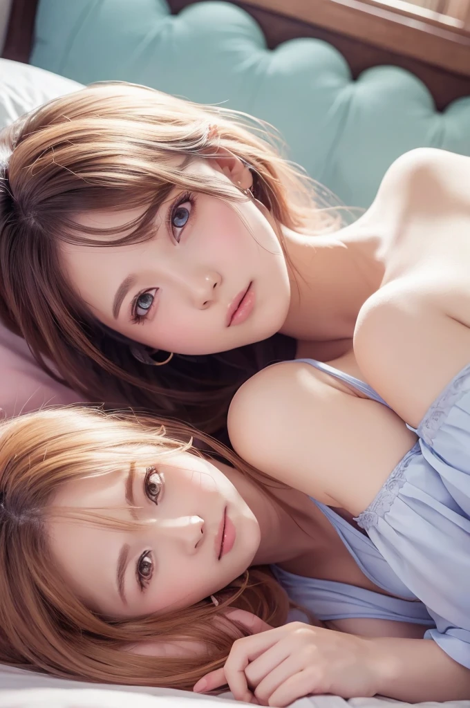 beautiful European woman, really has a European face. has wavy hazel brown hair and parted bangs. sharp sea blue eyes, sharp nose, soft pink lips, and slim has white skin, thick straight eyebrows, is sleeping in a pile of pink roses, is tied by a chain and his hands are also tied and bleeding.then add effects