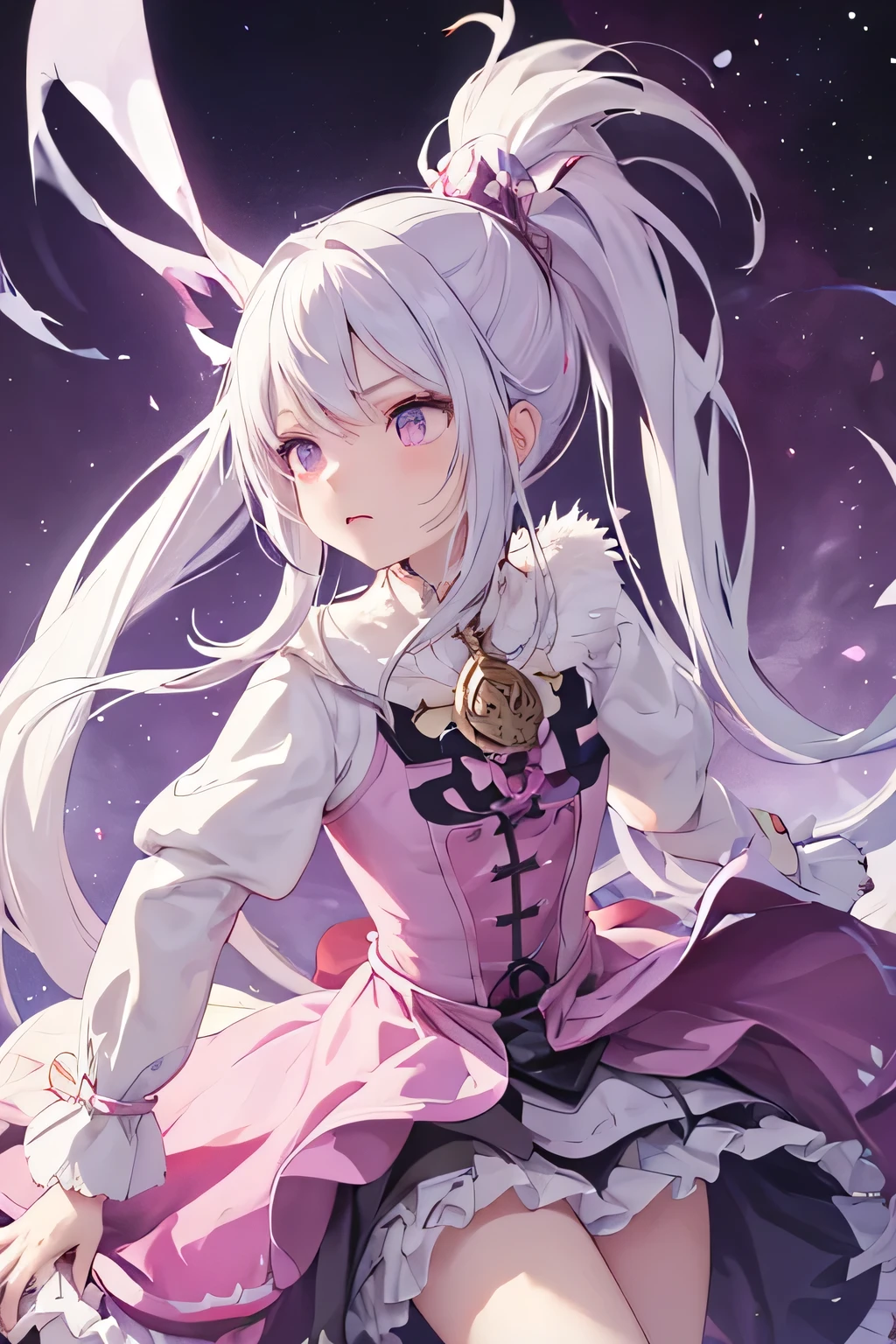 a young girl with white long hair, purple eyes and pink dress, she have a cold and angry expression. WHITE HAIR, SHE IS ALBINIC. with a ponytail