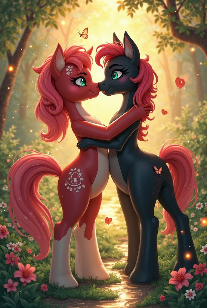 radiant lighting, vibrant colors, whimsical atmosphere, 8K, high resolution, highly detailed, masterpiece, (((my little pony))), four stockings, (red hair, white body, red eyes) cute face, tongue out, striped stockings, standing on four hooves, cool glasses, showing butt, (tattoo on all body:1.4), goth style