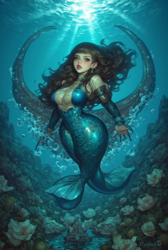 A mermaid queen beneath the waves, her kingdom an underwater marvel of coral and light, surrounded by sea creatures, the water's play of light creating a dreamlike quality that enhances the sensual yet majestic nature of the scene.