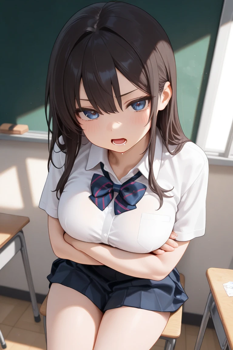 Browsing Caution,(pov tits fuck:1.3),(penis:1.3),Sticking out tongue、Slightly larger breasts、Small areola、Beautiful woman,school uniform、Cleavage、はだけた、White underwear、tits、Brown Hair、Dark Eyes、ponytail、ribbon, highest quality、RAW Photos、(Photorealistic:1.1)、classroom、blackboard、Window Glass、Schoolyard、blue sky、Angle from below、whole body:1.5、male:1.5