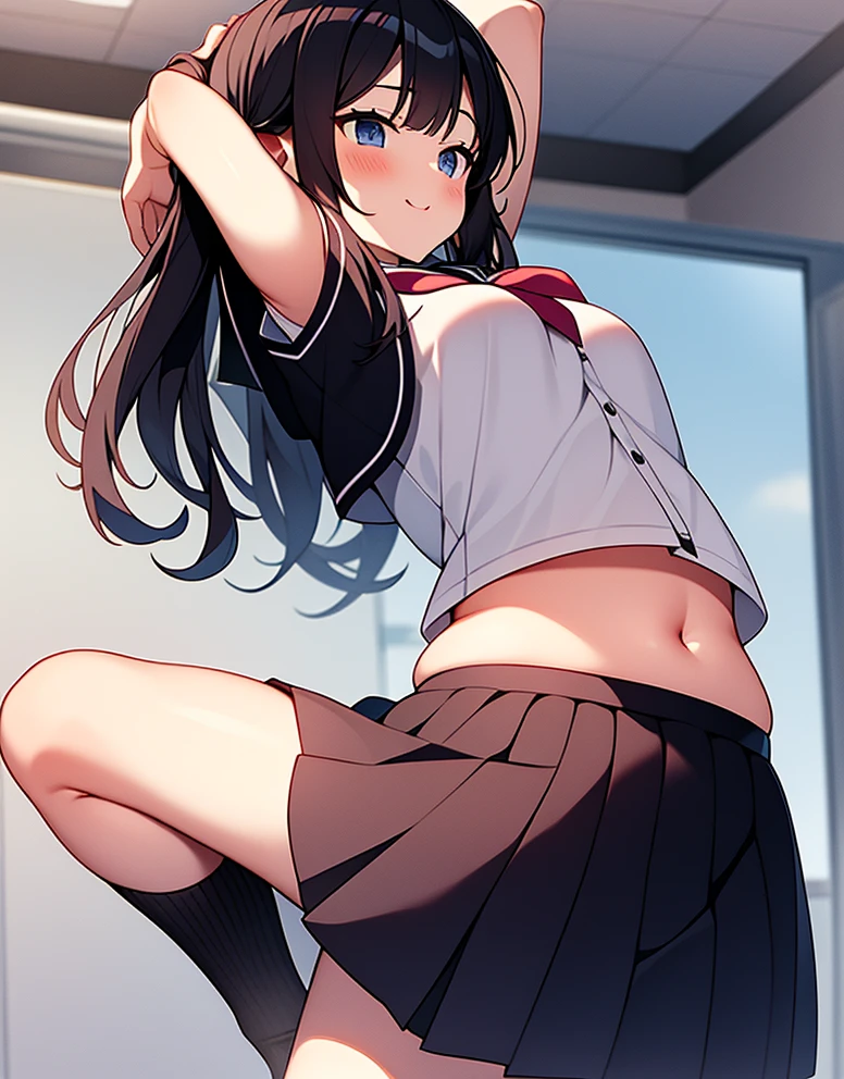 One Girl, alone,Are standing_Split, 
Yuki Mikan, Long Hair，Black sleeveless short vest，Pink Skirt，Blue and white underwear