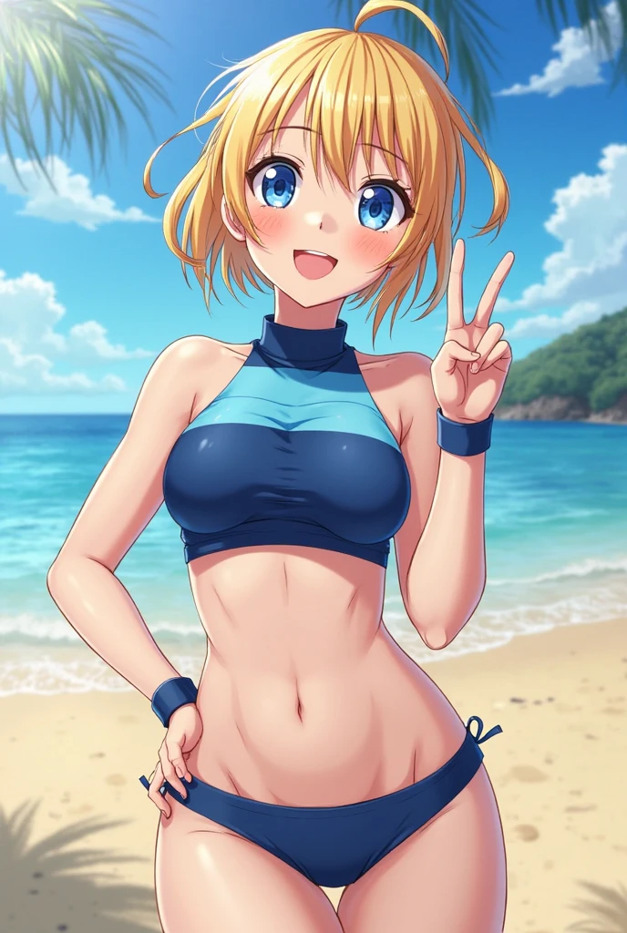 1girl, (armpit), swimsuit, frills, no panties, navel, (toned midriff:0.5), (single hair color), happy, (toned arms:0.1), public